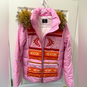 Bogner Pink Ski Jacket with Red & Orange Pattern and Fur Trim